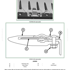 Puede incluir: Diagrama de ajuste de la placa de desgaste, con etiquetas para los clips de sujeci&oacute;n, las placas de desgaste, las cuchillas, las tuercas y un protector de cuchilla. El texto dice "Ajustar la placa de desgaste".