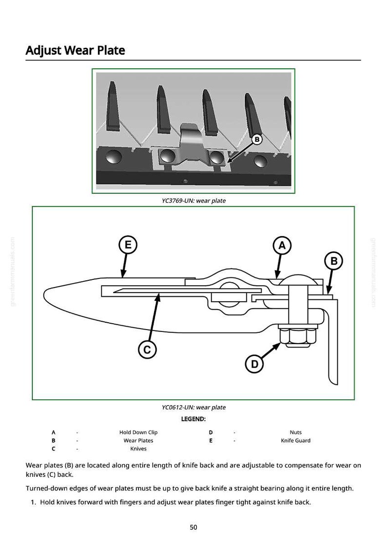 Puede incluir: Diagrama de ajuste de la placa de desgaste, con etiquetas para los clips de sujeci&oacute;n, las placas de desgaste, las cuchillas, las tuercas y un protector de cuchilla. El texto dice "Ajustar la placa de desgaste".