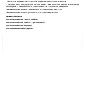 May include: A white page with black text detailing instructions for troubleshooting a Row 22 Clutch failure. The text includes steps for diagnosis and related information about RowCommand electrical systems.