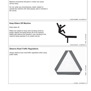 May include: A safety manual page with three safety instructions. The first warns about maintaining a safety area around the machine. The second warns against riders. The third advises to observe road traffic regulations.