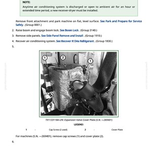 Puede incluir: Diagrama de una placa de cubierta de v&aacute;lvula de expansi&oacute;n con componentes numerados e instrucciones de texto. La imagen incluye un primer plano del conjunto de la v&aacute;lvula, con etiquetas para los tornillos de tapa y la placa de cubierta. El texto proporciona los pasos para la extracci&oacute;n y la instalaci&oacute;n.