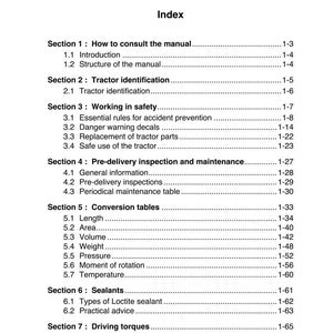 May include: A page from a manual titled "Chapter 1: Introduction" with an index. Sections include "How to consult the manual," "Tractor identification," and "Working in safety." The page is white with black text.