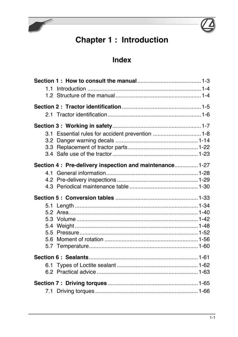 May include: A page from a manual titled "Chapter 1: Introduction" with an index. Sections include "How to consult the manual," "Tractor identification," and "Working in safety." The page is white with black text.