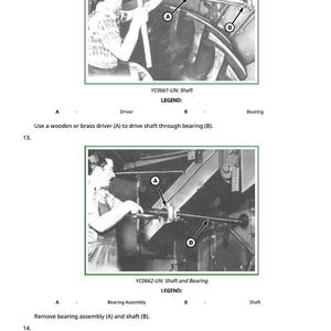 K&ouml;nnte beinhalten: Zwei Schwarz-Wei&szlig;-Diagramme mit mechanischen Montageanweisungen. Das erste Diagramm zeigt eine Person, die einen Treiber verwendet, um eine Welle durch ein Lager zu treiben. Das zweite Diagramm zeigt das Entfernen einer Lagerbaugruppe und einer Welle.