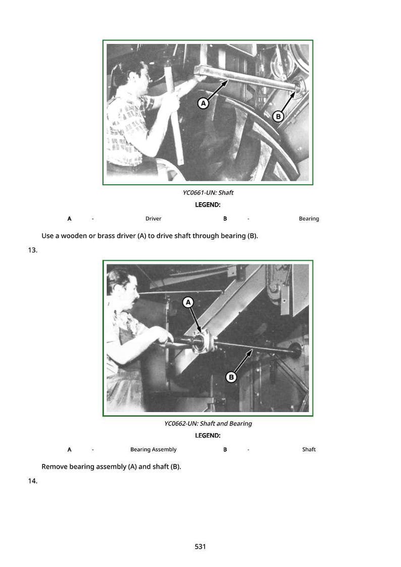 K&ouml;nnte beinhalten: Zwei Schwarz-Wei&szlig;-Diagramme mit mechanischen Montageanweisungen. Das erste Diagramm zeigt eine Person, die einen Treiber verwendet, um eine Welle durch ein Lager zu treiben. Das zweite Diagramm zeigt das Entfernen einer Lagerbaugruppe und einer Welle.