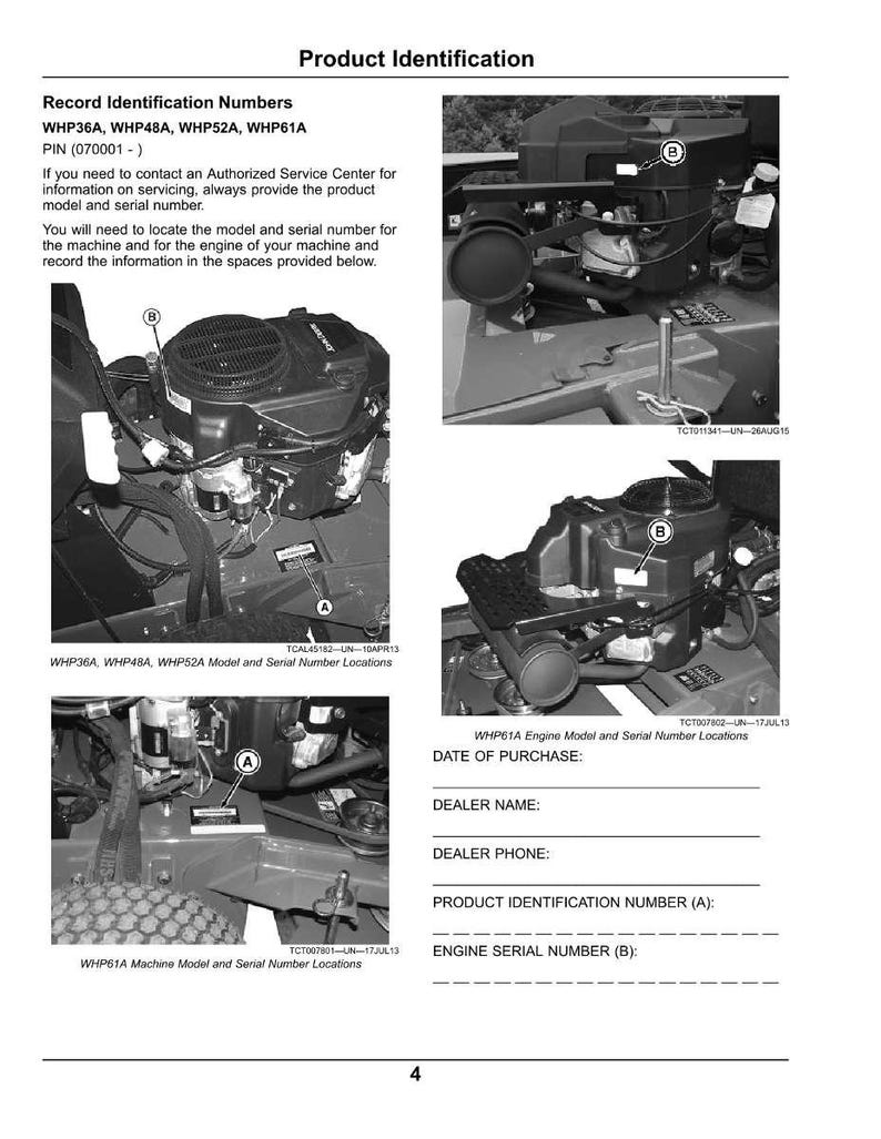 May include: A product identification guide with images of engine components. The document includes record identification numbers, model and serial number locations, and spaces to record the information. The text includes the numbers WHP36A, WHP48A, WHP52A, and WHP61A.