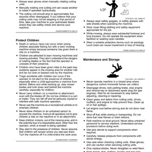 Puede incluir: Se muestran instrucciones de seguridad para cortac&eacute;spedes. El texto incluye advertencias sobre la protecci&oacute;n de los ni&ntilde;os, el uso de ropa adecuada y el mantenimiento correcto. La imagen presenta ilustraciones de equipos de seguridad y peligros potenciales.