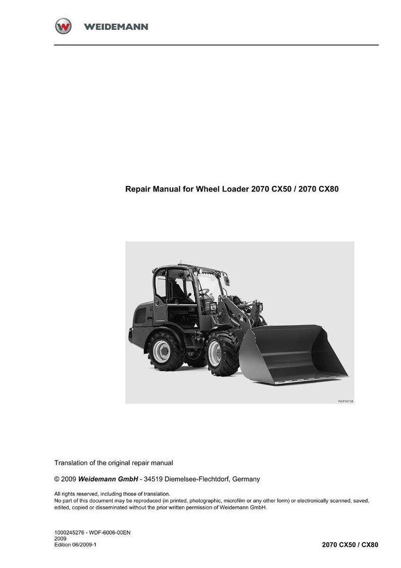 May include: A repair manual for a Weidemann wheel loader 2070 CX50 / 2070 CX80. The image shows a black and white illustration of the wheel loader. The manual's text includes the Weidemann logo and company information.
