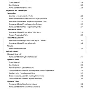 May include: A manual page featuring a detailed table of contents. Sections cover brakes, suspension, hydraulic systems, and valves. Page numbers are displayed on the right-hand side of the page.
