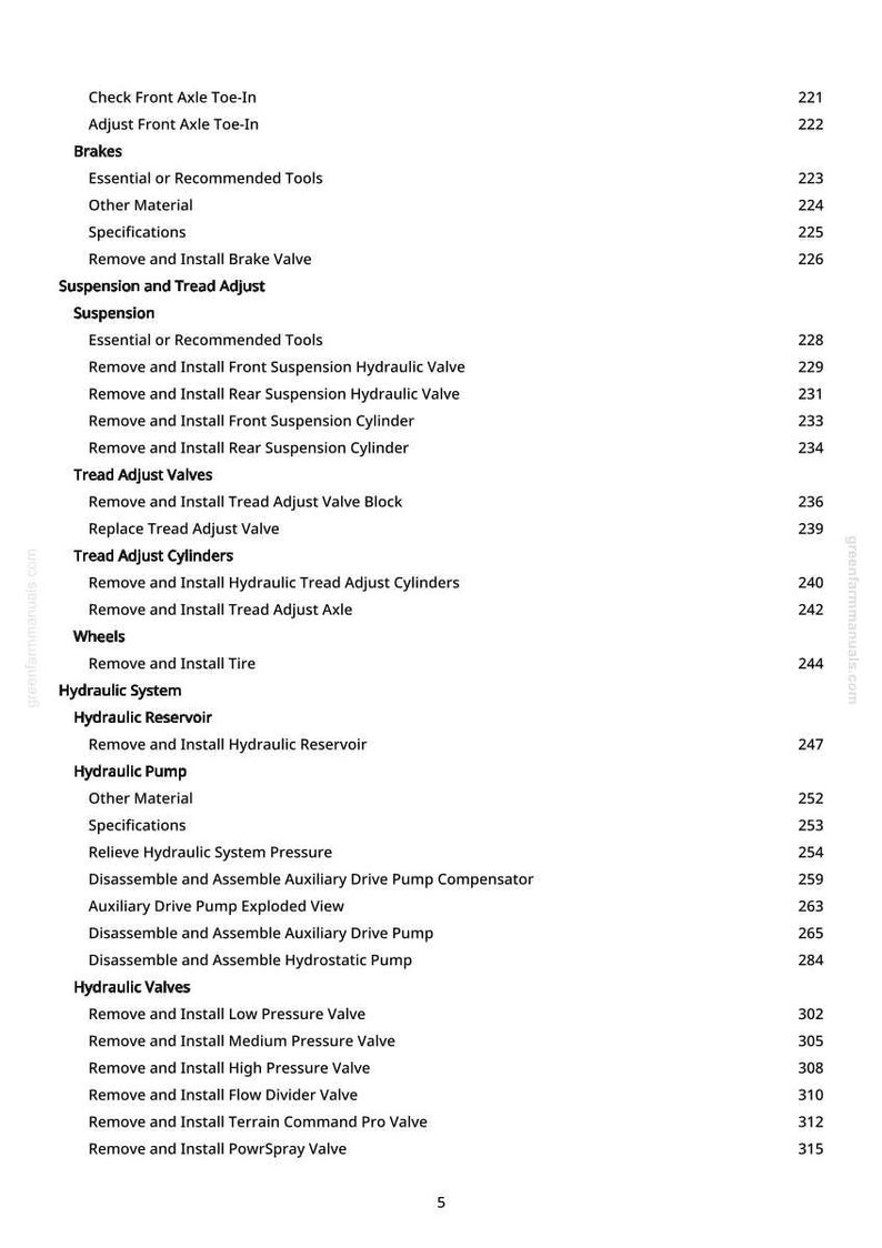 May include: A manual page featuring a detailed table of contents. Sections cover brakes, suspension, hydraulic systems, and valves. Page numbers are displayed on the right-hand side of the page.