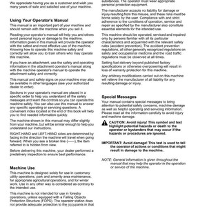 May include: A page from a John Deere product manual, featuring the "Introduction" section. The text covers safety, machine operation, and special messages. Includes a caution symbol and important safety information.