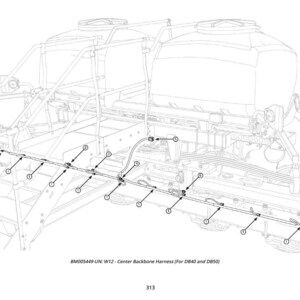 May include: Line drawing of a center backbone harness for DB40 and DB50 agricultural equipment. The image shows the harness with various numbered connection points and the text "BM005449-UN: W12 - Center Backbone Harness (For DB40 and DB50)".