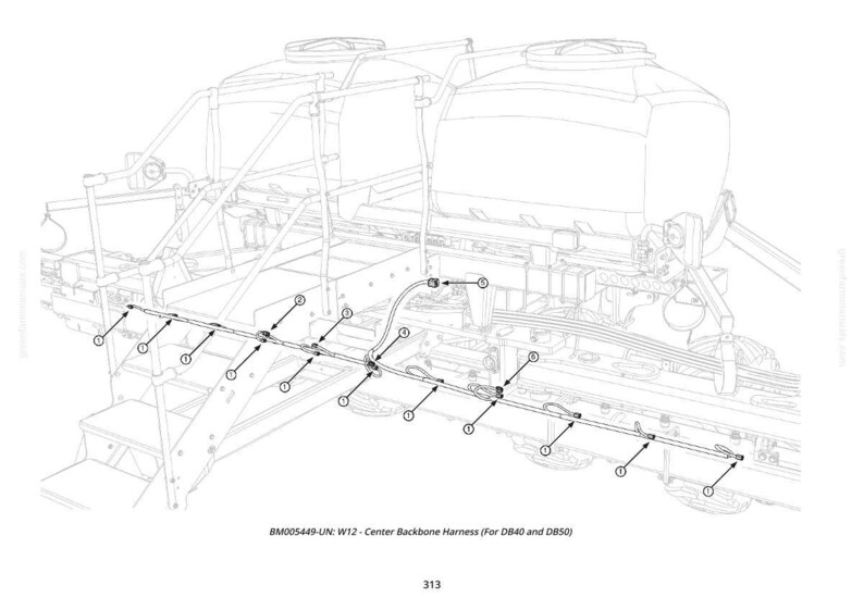 May include: Line drawing of a center backbone harness for DB40 and DB50 agricultural equipment. The image shows the harness with various numbered connection points and the text "BM005449-UN: W12 - Center Backbone Harness (For DB40 and DB50)".