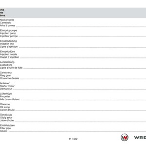 May include: A page from a technical manual with a table of contents in German, English, and French. The table lists engine components such as camshaft, injection pump, and oil sump. The Weidemann logo is in the bottom right corner.