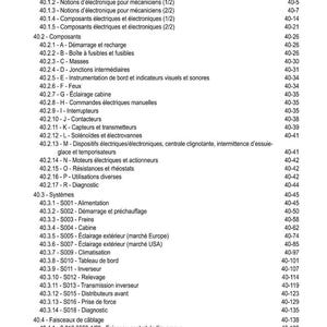 Puede incluir: Una detallada tabla de contenidos en franc&eacute;s, titulada "TABLE DES MATI&Egrave;RES", que enumera esquemas el&eacute;ctricos y temas relacionados. El documento incluye secciones sobre componentes, sistemas y mazos de cables, con n&uacute;meros de p&aacute;gina.
