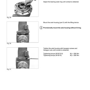 May include: Diagram illustrating the reassembly of a mechanical component. The images show steps including inserting a shim, mounting the axle housing, and tightening with hexagon screws. Text provides instructions and torque specifications.