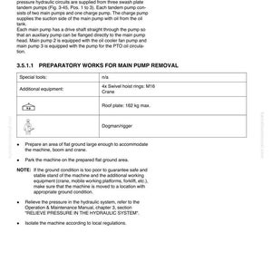 May include: Technical document page with instructions for main pump removal, including special tools and equipment like swivel hoist rings and a crane. Includes safety notes and procedures.