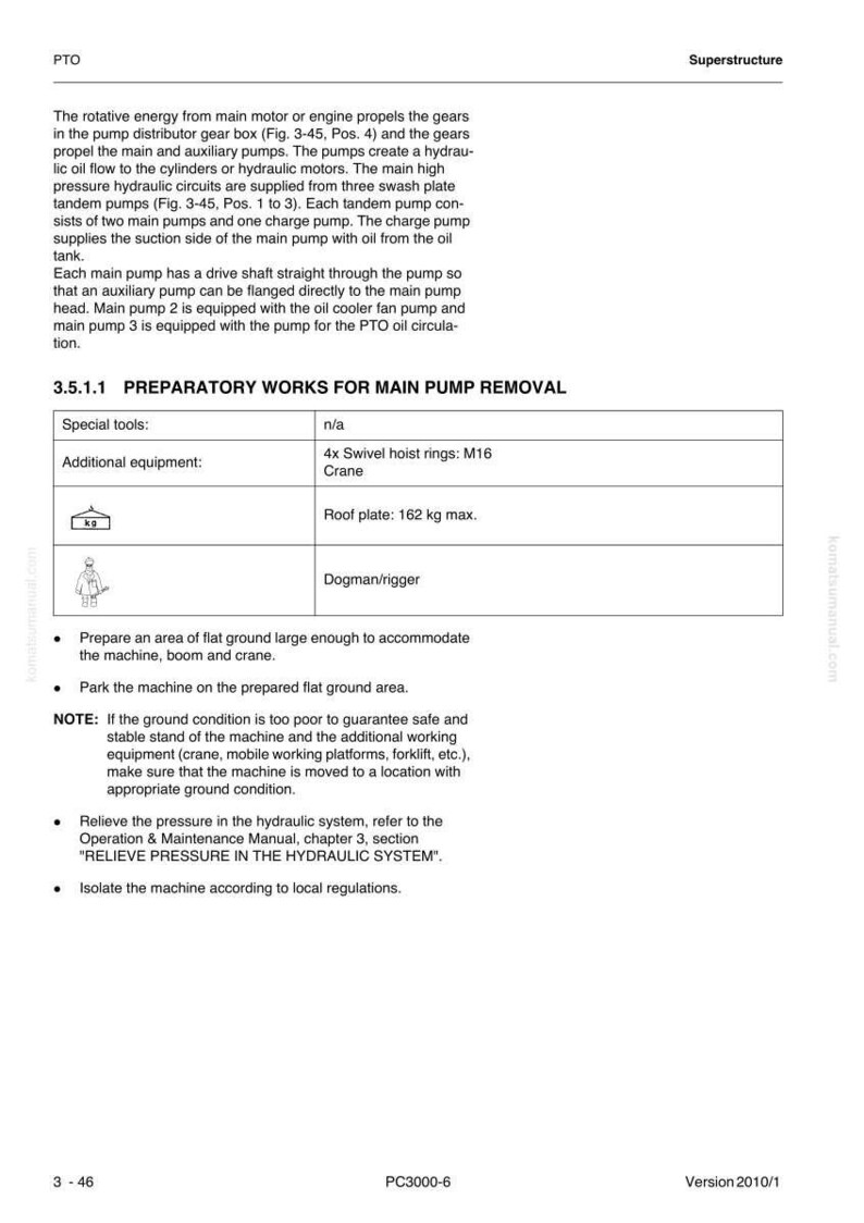 May include: Technical document page with instructions for main pump removal, including special tools and equipment like swivel hoist rings and a crane. Includes safety notes and procedures.