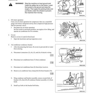 May include: Diagram of air conditioning condenser removal, with detailed instructions and illustrations. Includes steps for oil return, cover removal, and bracket disassembly. Text includes warnings and numbered procedures.