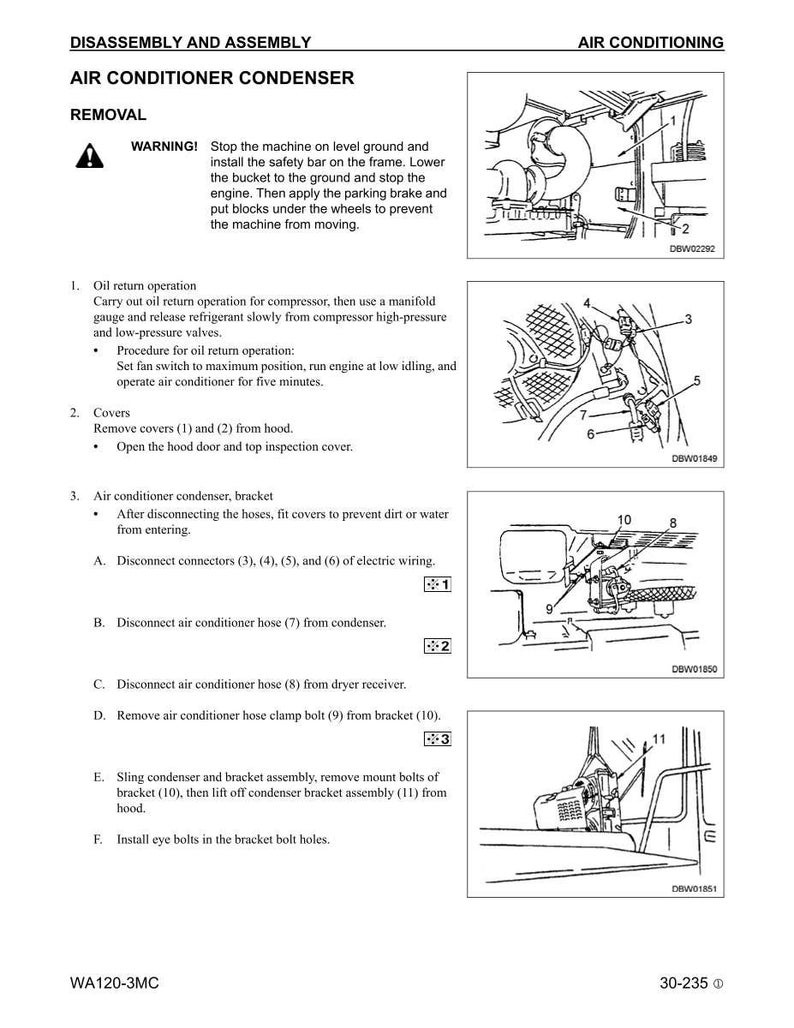 May include: Diagram of air conditioning condenser removal, with detailed instructions and illustrations. Includes steps for oil return, cover removal, and bracket disassembly. Text includes warnings and numbered procedures.