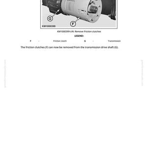 May include: Diagram of a mechanical component with the text "KM1000399-UN: Remove friction clutches." The diagram shows a cylindrical part labeled "Friction clutch" and a connecting part labeled "Transmission drive shaft."