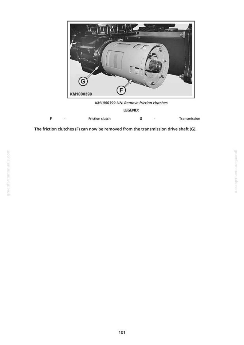May include: Diagram of a mechanical component with the text "KM1000399-UN: Remove friction clutches." The diagram shows a cylindrical part labeled "Friction clutch" and a connecting part labeled "Transmission drive shaft."
