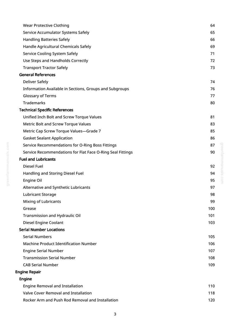 May include: A white-backgrounded page from a manual with a table of contents. The text includes safety instructions, technical references, and sections on fuel, lubricants, and engine repair. Page numbers are listed on the right.