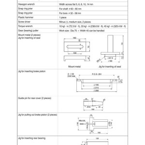 May include: Diagram of tools and tightening torque specifications, including a hexagon wrench, snap ring pliers, and torque wrench. Measurements are in millimeters, inches, and pounds.