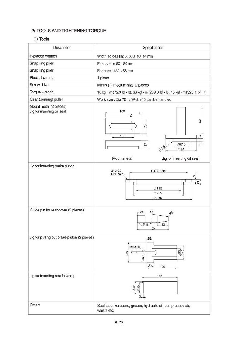 May include: Diagram of tools and tightening torque specifications, including a hexagon wrench, snap ring pliers, and torque wrench. Measurements are in millimeters, inches, and pounds.
