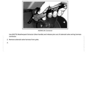 May include: Black and white image showing a hand using a tool to disconnect a connector. The text in the image reads "NOTE: Tag or mark wires to simplify reassembly." and "H63946-UN: Connector."