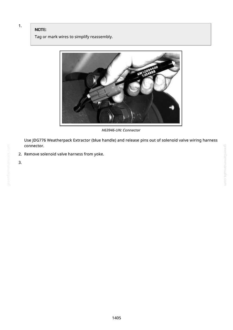 May include: Black and white image showing a hand using a tool to disconnect a connector. The text in the image reads "NOTE: Tag or mark wires to simplify reassembly." and "H63946-UN: Connector."