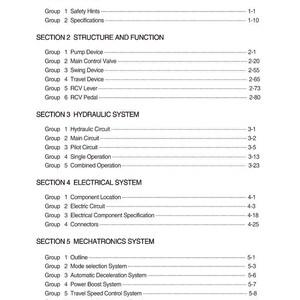 May include: A detailed table of contents from a manual, with sections on general information, structure, function, hydraulic, electrical, and mechatronics systems. The text is black on a white background.