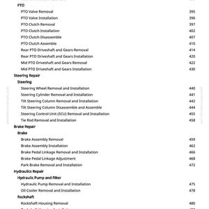 May include: A page from a greenfarmmanuals.com manual, listing automotive repair procedures. Topics include rear differential, PTO, steering, brake, and hydraulic repairs. Page numbers are listed next to each procedure.