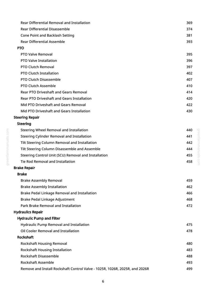 May include: A page from a greenfarmmanuals.com manual, listing automotive repair procedures. Topics include rear differential, PTO, steering, brake, and hydraulic repairs. Page numbers are listed next to each procedure.