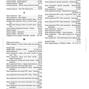 May include: An index page from a Komatsu manual, featuring a table of contents with various work equipment topics. The text is black on a white background, with section headings like "U", "V", and "W".