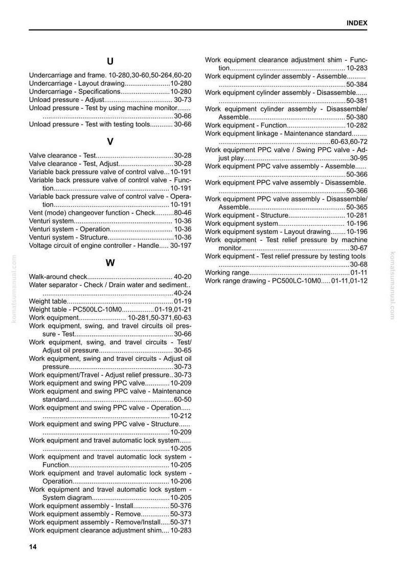 May include: An index page from a Komatsu manual, featuring a table of contents with various work equipment topics. The text is black on a white background, with section headings like "U", "V", and "W".