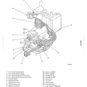 Op de afbeelding: Technische tekening van een klepcontrolesysteem, met hendels, kleppen en een hydraulische pomp. De afbeelding bevat tekstlabels en een genummerde sleutel voor identificatie.