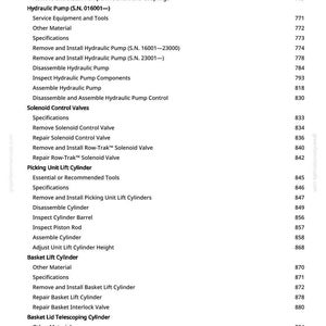 May include: A detailed contents page from a manual, listing procedures for hydraulic pump and cylinder repairs. The text covers topics such as removing, installing, and dismantling components, along with specifications and tool recommendations.