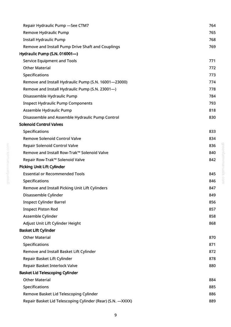 May include: A detailed contents page from a manual, listing procedures for hydraulic pump and cylinder repairs. The text covers topics such as removing, installing, and dismantling components, along with specifications and tool recommendations.