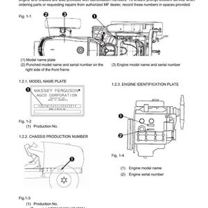 Op de afbeelding: Illustraties uit een tractorhandleiding met details van identificatiemarkeringen. De afbeeldingen tonen het modelplaatje, de motoridentificatieplaat en het chassisproductienummer. De tekst geeft informatie over identificatie.