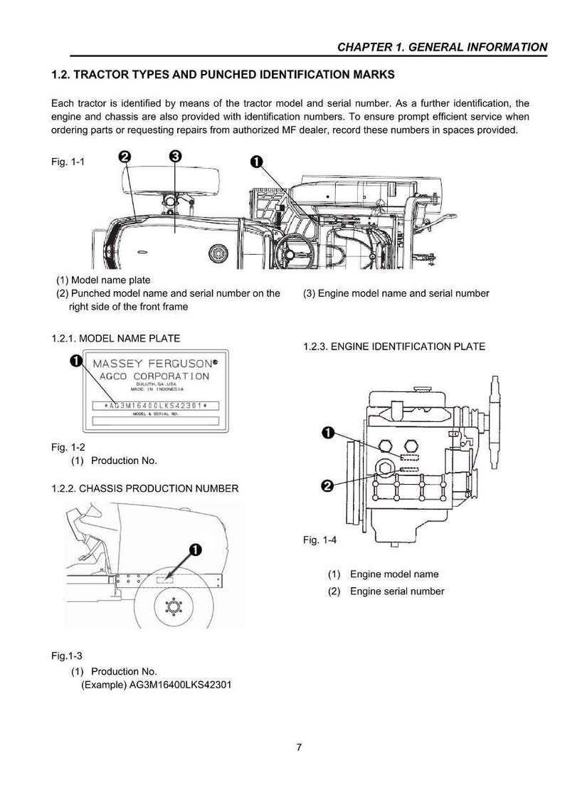 Op de afbeelding: Illustraties uit een tractorhandleiding met details van identificatiemarkeringen. De afbeeldingen tonen het modelplaatje, de motoridentificatieplaat en het chassisproductienummer. De tekst geeft informatie over identificatie.