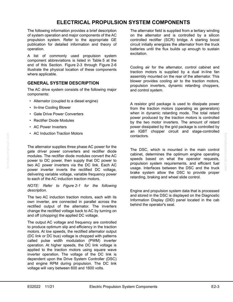 May include: A technical document titled "ELECTRICAL PROPULSION SYSTEM COMPONENTS" with detailed descriptions of system operation, major components, and abbreviations. Includes diagrams and specifications for AC propulsion systems, alternators, and inverters.