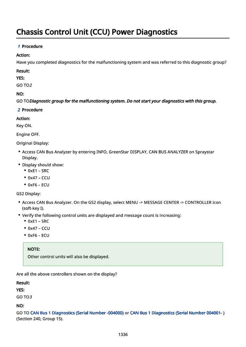 May include: A document titled "Chassis Control Unit (CCU) Power Diagnostics" with numbered procedures and diagnostic steps. The text includes instructions for checking system diagnostics, display settings, and controller icons.
