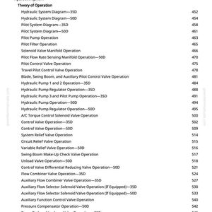 Pode incluir: Uma p&aacute;gina branca de um manual com uma lista de opera&ccedil;&otilde;es do sistema hidr&aacute;ulico, incluindo diagramas, opera&ccedil;&otilde;es de bomba e opera&ccedil;&otilde;es de v&aacute;lvula. O texto &eacute; preto, com n&uacute;meros de p&aacute;gina &agrave; direita.