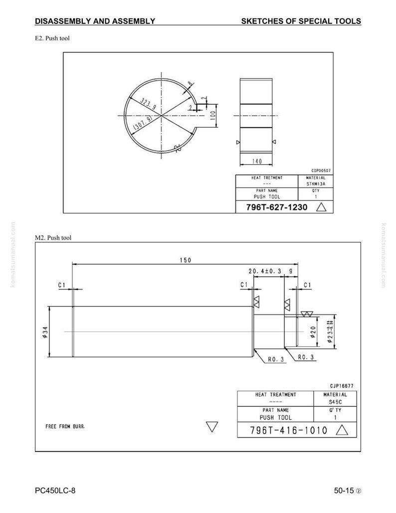 Puede incluir: Dibujo t&eacute;cnico de herramientas de empuje, etiquetadas E2 y M2, con dimensiones en mil&iacute;metros. Incluye vistas en secci&oacute;n transversal y medidas detalladas para la fabricaci&oacute;n. Con texto: DISASSEMBLY AND ASSEMBLY, SKETCHES OF SPECIAL TOOLS.