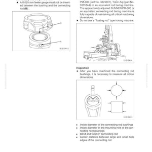 Peut inclure: Diagramme technique de composants de moteur, dont une bague de bielle et des pi&egrave;ces connexes. Le diagramme comprend des mesures et des instructions d'usinage et d'inspection, avec des illustrations d&eacute;taill&eacute;es et des num&eacute;ros de pi&egrave;ces.