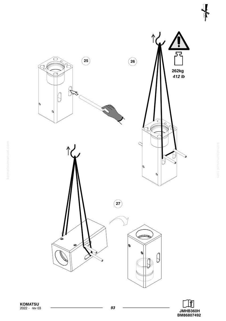 May include: Diagram of a mechanical component being lifted with a crane, showing weight capacity of 412 lb. The image includes the Komatsu logo and part number BM86807492.