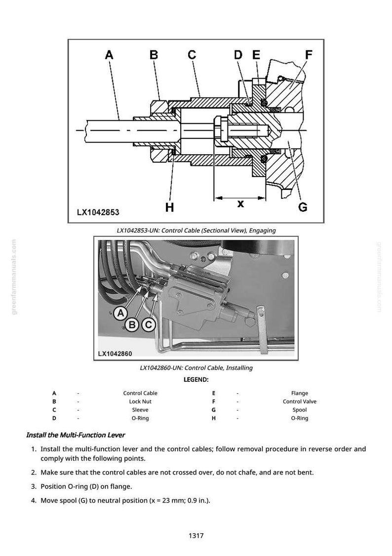 May include: Diagram of a control cable assembly, with sectional and installing views. The image includes labels for parts like the control cable, lock nut, sleeve, and O-ring. Text instructions are also included.