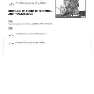May include: A page from a manual detailing the disassembly and assembly of a front differential and transmission. The text includes instructions, diagrams, and specifications, including a weight of 992 lbs. A detailed illustration of the machinery is also present.