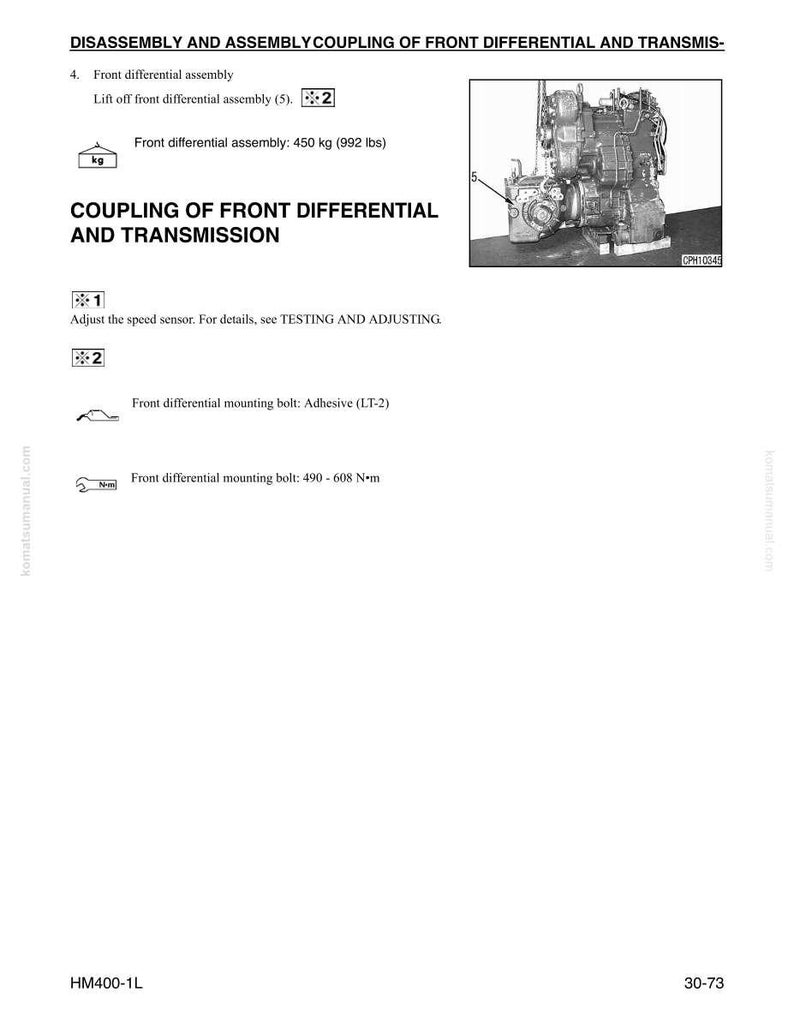 May include: A page from a manual detailing the disassembly and assembly of a front differential and transmission. The text includes instructions, diagrams, and specifications, including a weight of 992 lbs. A detailed illustration of the machinery is also present.